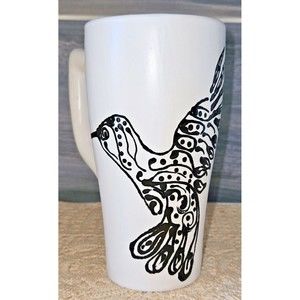 Signed Original Hand Painted Pottery Black & White Mug Bird in Flight